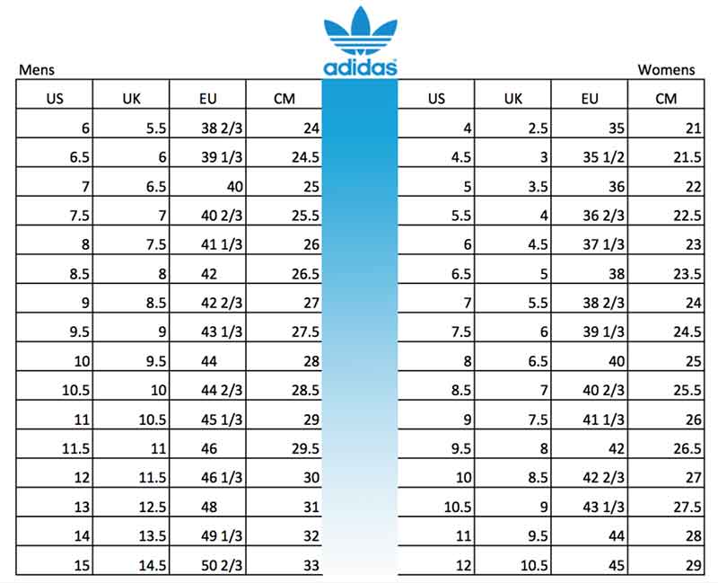 Bảng quy đổi size giày tiêu chuẩn hãng adidas